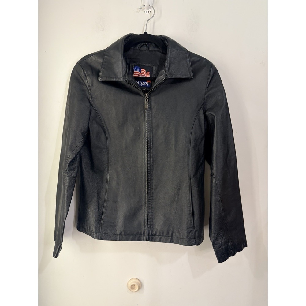 Vintage USA Leather Black Genuine Leather Zip Jacket Women's Medium Moto Classic